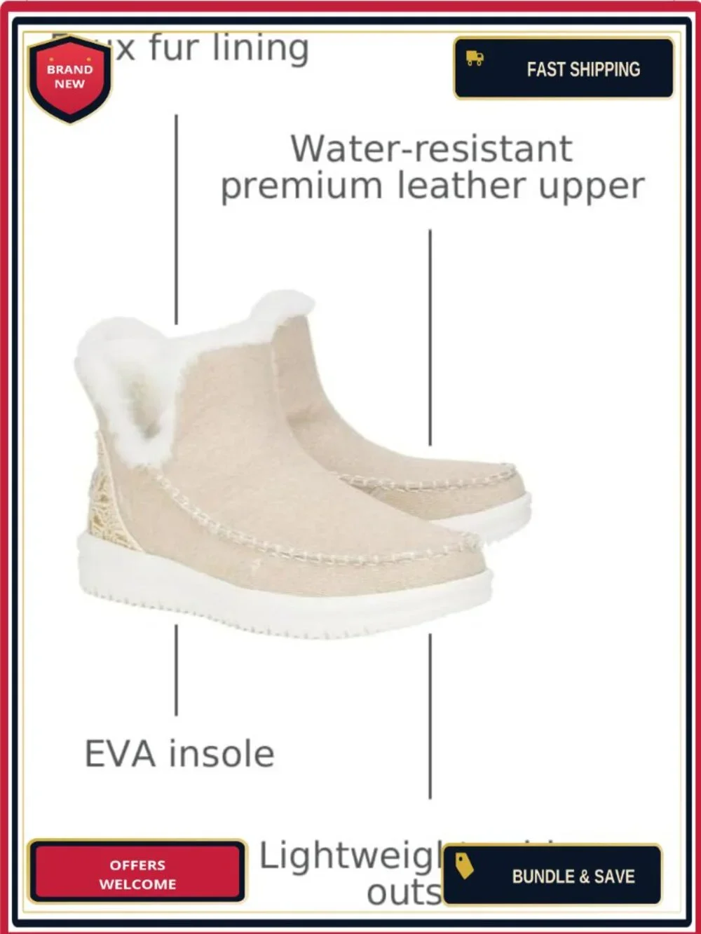 HEYDUDE Women's Camden Brushed Cozy Slip-On Boots Water Resistant Canvas